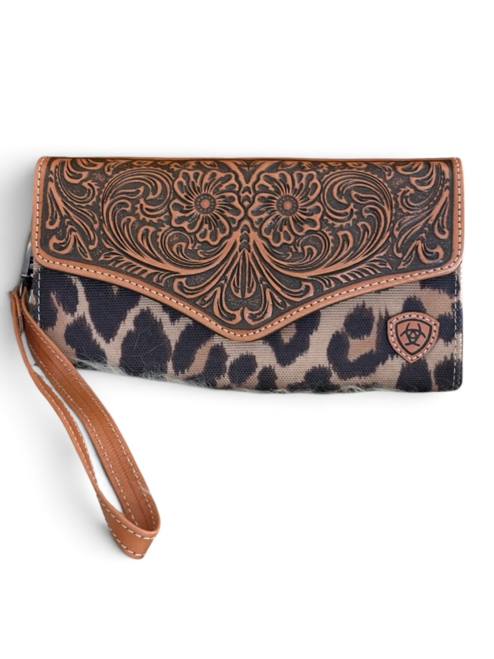 NWT Ariat Leopard Print Wristlet with Tooled Floral Flap